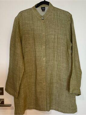 Eileen Fisher Olive Green Linen Blend Button-Front Tunic Jacket